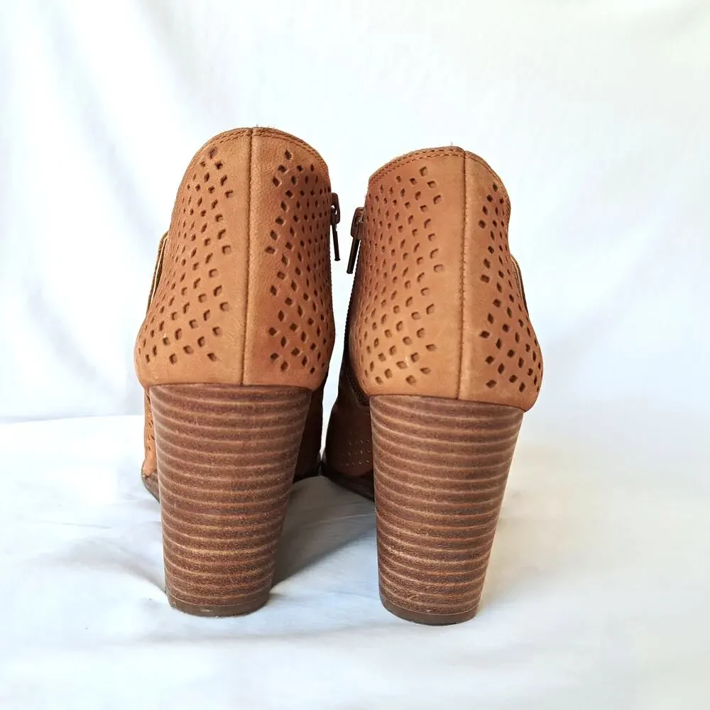 Lucky Brand Jazley Wedge Heels Size 10 Brown Perforated Leather Peep Toe Bootie